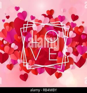 Happy valentines day and wedding design elements. Text design Love in white frame on pink background with hearts. Vector illustration isolated on pink Stock Vector