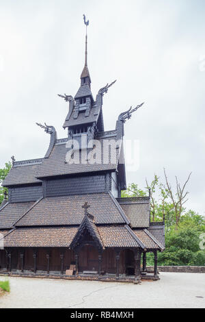 Editorial: BERGEN, HORDALAND, NORWAY, June 10, 2018 - Side view of the Fantoft stave church in Bergen Stock Photo