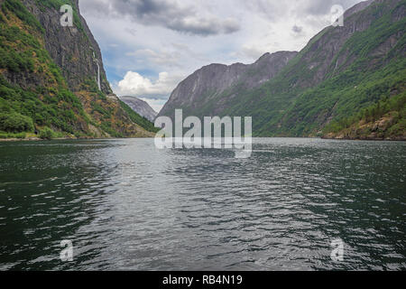 View of the Naeroyfjord seen from the jetty in Gudvangen Stock Photo