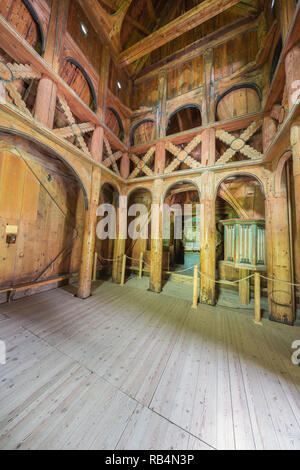 Editorial: LAERDAL, SOGN OG FJORDANE, NORWAY, June 11, 2018 - The inside of the Borgund stave church seen from the entrance Stock Photo