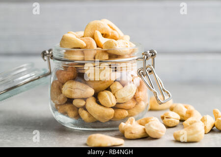 Roasted cashew nuts in jar. Stock Photo