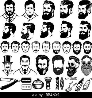 Set of vintage barber monochrome icons, men hairstyles and design elements isolated on white background. For logo, label, emblem, sign. Vector illustr Stock Vector