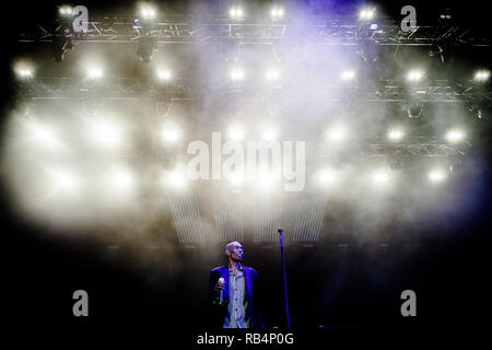 Faithless, the British electronica band, performs a live concert at the Danish music festival Tinderbox Festival 2015 in Odense. Here vocalist Maxi Jazz is seen live on stage. Denmark, 27/06 2015. EXCLUDING DENMARK. Stock Photo