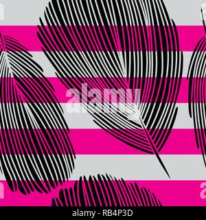 Detailed Black Graphic Feather Seamless Pattern on Pink and Grey Stripes Stock Vector