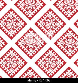 Traditional Ethnic Latvian Ornament in Red and White. Tiled Christmas Seamless Pattern Stock Vector