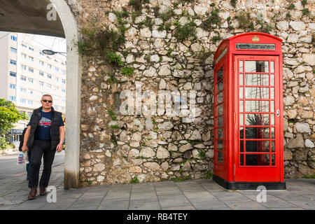 Gibraltar rock. A traditional British red phone box in Gibraltar, overseas territory, Europe. Stock Photo