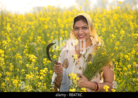 Rural Indian woman farmer holding sickle harvesting rapeseed in agricultural field Stock Photo