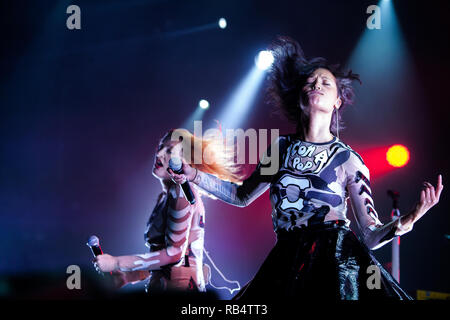 The Swedish electro house and synthpop duo Icona Pop performs a live concert at the Danish music festival Roskilde Festival 2014. The duo consist of the members Caroline Hjelt (L) and Aino Jawo (R). Denmark, 05/07 2014. EXCLUDING DENMARK. Stock Photo