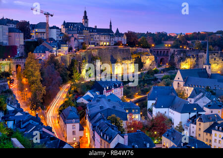 Skyline of Luxembourg City viewed over the Grund quarter Stock Photo