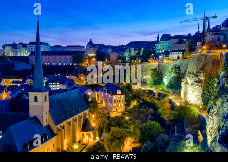 Skyline of Luxembourg City viewed over the Grund quarter Stock Photo