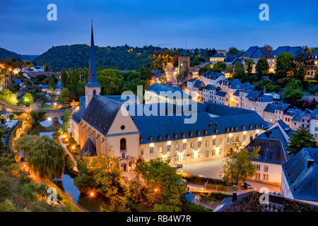 Skyline of Luxembourg City viewed over the Grund quarter Stock Photo