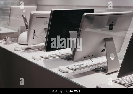 Prague, Czech Republic - August 28, 2018: Range of iMacs on display inside Apple Museum in Prague, the largest private collection of Apple products ar Stock Photo