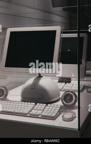 Prague, Czech Republic - August 28, 2018: Range of iMacs on display inside Apple Museum in Prague, the largest private collection of Apple products ar Stock Photo