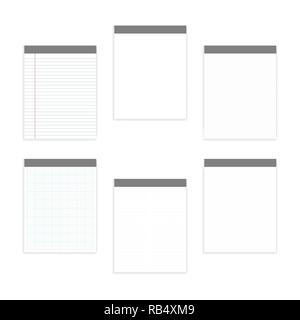 Empty white and various ruled note paper letter size block set, realistic vector mock-up. Glue top memo pads with tear off sheets, mockup Stock Vector