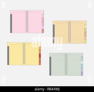 Open spiral notebook with color pages and tab dividers, mockup set. Wire bound multicolored lined note books with bookmarks, mock-up Stock Vector