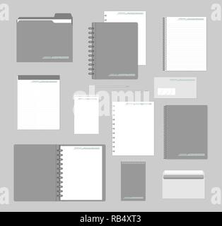 Stationery mockup set for corporate identity design. Notebooks, paper, folder, envelope. Mock-up Stock Vector