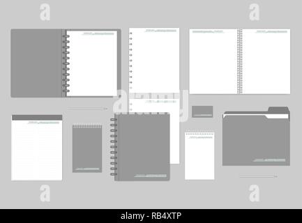 Stationery mockup set for corporate identity design. Notebooks, paper, folder, business card. Mock-up Stock Vector
