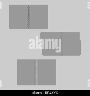 Open gray folders, mockup set. File folder with cut tab, disc and ring binders, mock-up Stock Vector