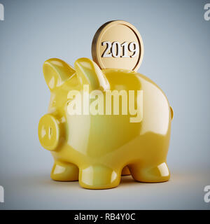 Yellow piggy bank with golden coin 2019 isolated on blue background. 2019 pig financial success year concept. 3d rendering illustration Stock Photo