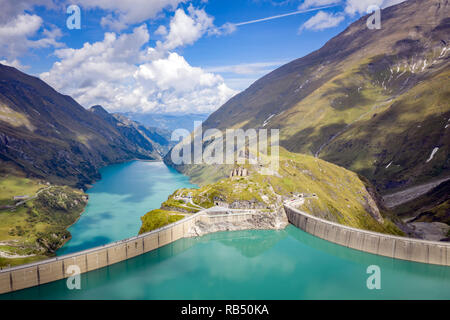 Kaprun, Austria - September 6, 2018. Overlooking the high mountain reservoir Mooserboden Stausee with its enormous dam walls in Kaprun. Stock Photo