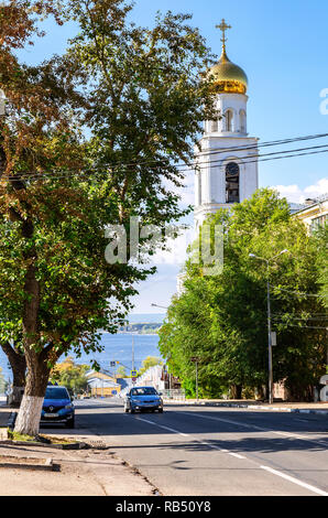 Samara, Russia - September 22, 2018: View on bell tower of Iversky monastery and Volga river in summer sunny day Stock Photo