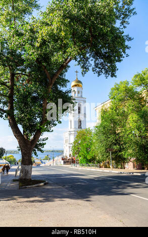 Samara, Russia - September 22, 2018: View on bell tower of Iversky monastery and Volga river in summer sunny day Stock Photo