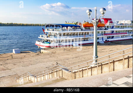 Samara, Russia - September 22, 2018: River cruise passenger ship Alexander Suvorov moored at the pier on Volga river Stock Photo