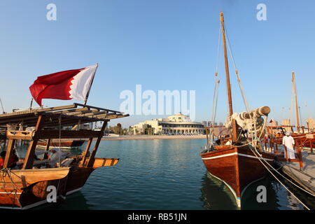 Dhows and traditional small wooden boats at Dhow festival -Katara beach. Stock Photo