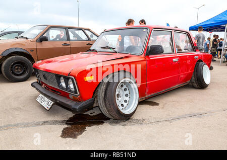 Samara, Russia - May 19, 2018: Vintage Russian automobile Lada with tuning wheels at the city street Stock Photo