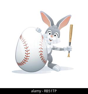 Easter sports greeting card. Cute Rabbit with Baseball Egg and Baseball bat. Vector illustration. Stock Vector