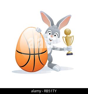 Easter sports greeting card. Cute Rabbit with Basketball Egg and Gold cup. Vector illustration. Stock Vector