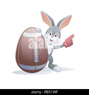 Easter sports greeting card. Cute Rabbit with Football, Rugby Egg and Foam hand. Vector illustration. Stock Vector