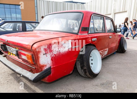 Samara, Russia - May 19, 2018: Vintage Russian automobile Lada with tuning wheels at the city street Stock Photo