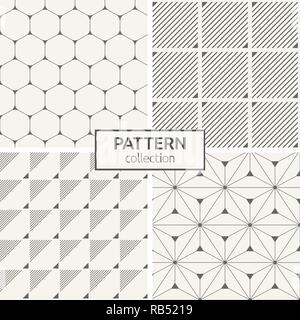 Set of four seamless patterns. Abstract geometric trendy vector backgrounds. Modern stylish textures of hexagons with rounded corners, triangles. Stock Vector