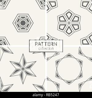 Set of four seamless patterns. Abstract geometric trendy vector backgrounds. Modern stylish textures of six-pointed stars, triangular shapes, hexagons Stock Vector