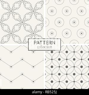 Set of four seamless patterns. Abstract geometric trendy vector backgrounds. Modern stylish textures. Linear grid with dots in nodes and circles. Stock Vector