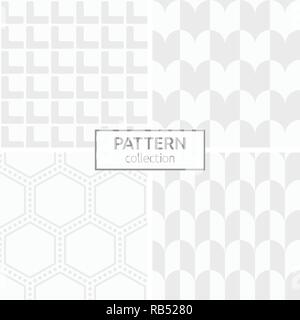 Set of four abstract geometric seamless patterns. Modern stylish backgrounds. White and gray geometric textures. Dotted hexagons, rounded tiles. Stock Vector