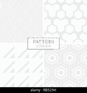 Set of four abstract geometric seamless patterns. Stylish backgrounds. White and gray geometric textures. Short diagonal stripes, triangles, hexagons. Stock Vector