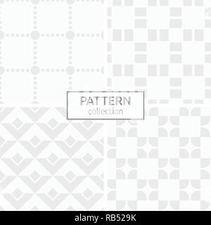 Set of four abstract geometric seamless patterns. Modern stylish backgrounds. White and gray geometric textures. Dotted squares, rounded tiles. Stock Vector