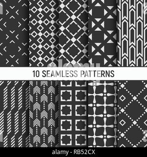 Set of ten monochrome seamless patterns. Abstract geometrical trendy vector backgrounds. Fashion design. Stylish textures with rhombuses, arrows. Stock Vector