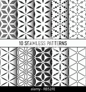 Set of ten monochrome seamless patterns. Abstract geometrical trendy vector backgrounds. Fashion design. Modern stylish textures with stylized flowers Stock Vector