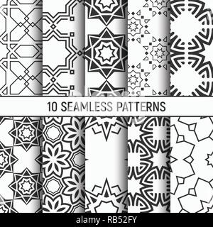 Set of ten monochrome seamless patterns. Abstract geometrical trendy vector backgrounds. Fashion design. Modern stylish textures with stars shapes. Stock Vector
