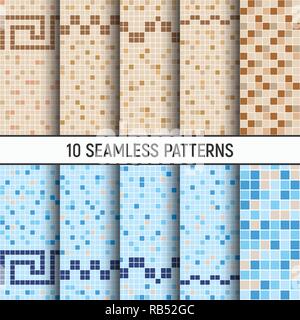 Set of ten seamless color patterns. Blue, beige, brown ceramic tile mosaic in swimming pool. Antique Greek borders. Design for pool, kitchen, bathroom Stock Vector