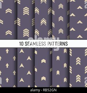 Set of ten seamless patterns. Modern stylish textures of different arrows. Repeating geometric shapes. Abstract trendy vector color backgrounds. Stock Vector