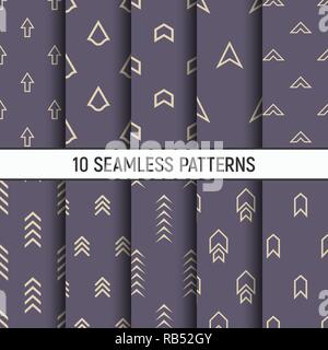 Set of ten seamless patterns. Modern stylish textures of different arrows. Repeating geometric shapes. Abstract trendy vector color backgrounds. Stock Vector