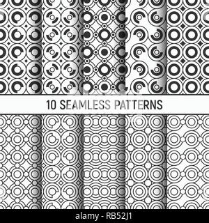 Set of ten monochrome seamless patterns. Abstract trendy vector backgrounds. Fashion design. Circles, curved rhombuses, symmetrically arranged Stock Vector