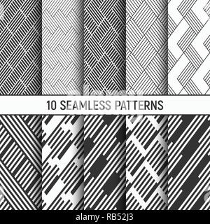 Set of ten monochrome seamless patterns. Regularly repeated inclined stripes. Abstract trendy vector backgrounds. Fashion design. Stylish textures. Stock Vector