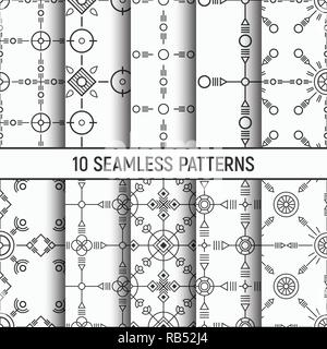 Set of ten monochrome seamless patterns. Abstract vector backgrounds. Fashion design. Modern stylish textures. Regularly repeating ornaments. Stock Vector