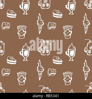 Hand drawn vector seamless coffee shop pattern. Dessert grunge background. Stock Vector