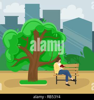 Spring landscape. Alley in the Park with a bench and a city view. Girl reading a book. Sunny day. Flat cartoon style. Stock Vector